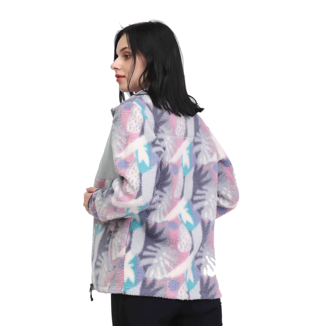Chaqueta con bolsillo de parche de pana y forro polar sherpa con estampado de flores para mujer
